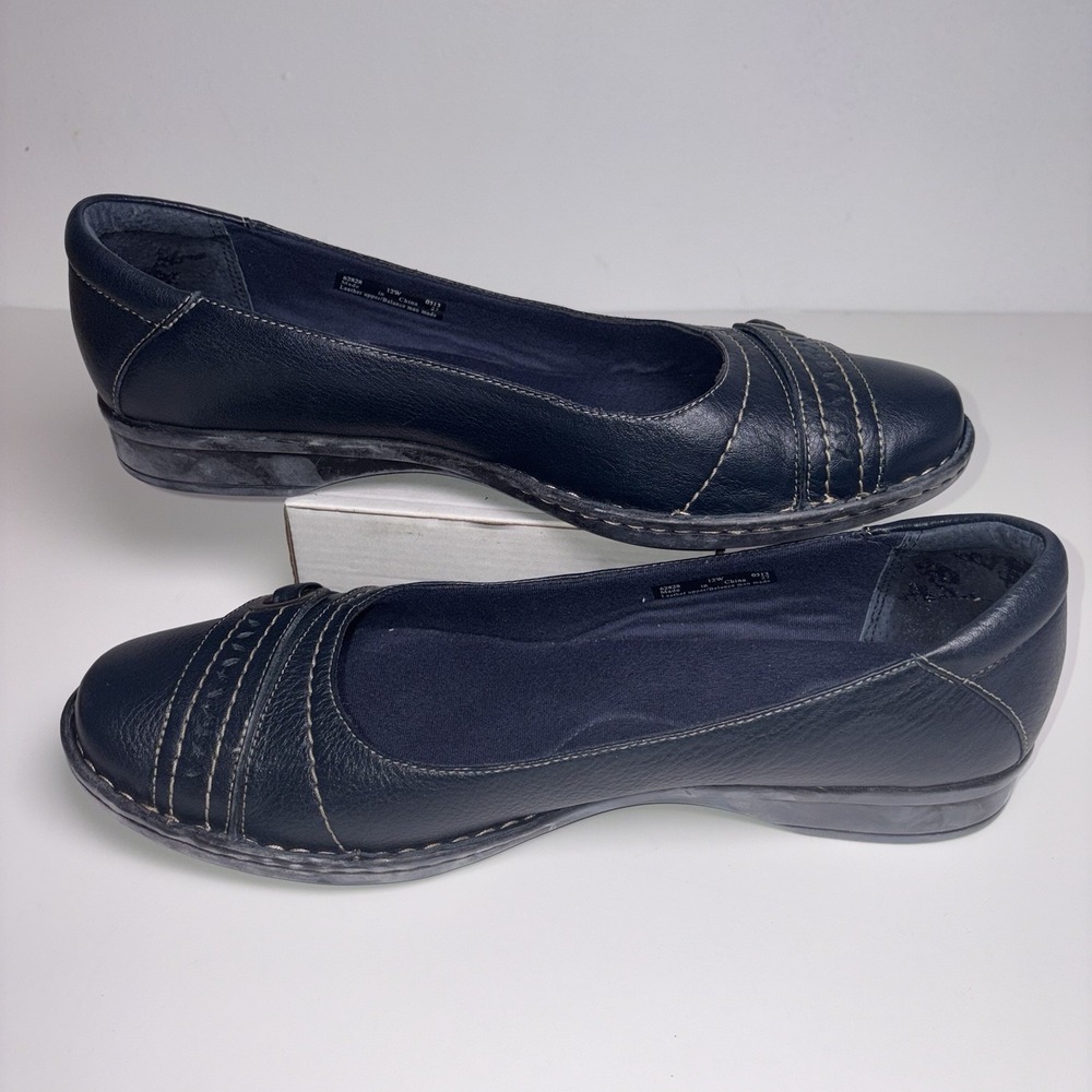 Clarks Bendables Navy Leather Duchess Ballet Flats Comfy SlipOns Size 12W